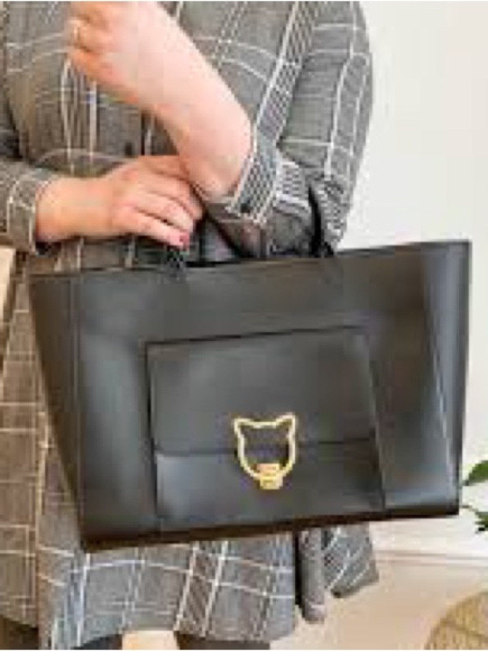 Karl Lagerfeld Black Leather Tote with Gold Cat Hardware